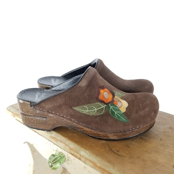Dansko Shoes - DANSKO 37 Brown Suede Floral Embroidered Clogs
